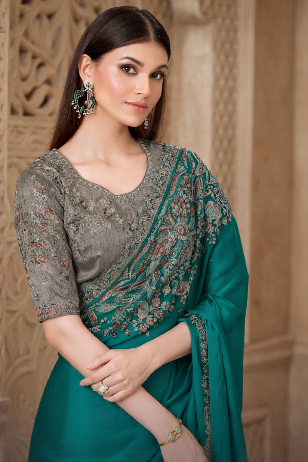 Emerald Elegance Embroidered Saree