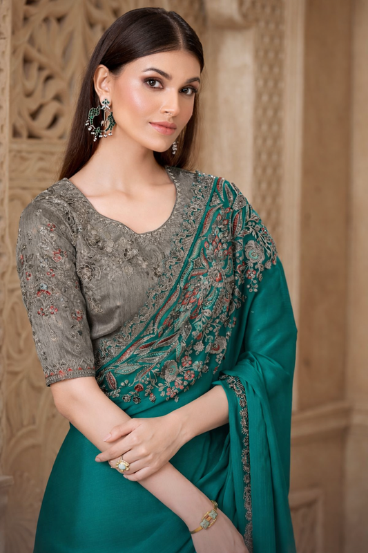 Emerald Elegance Embroidered Saree