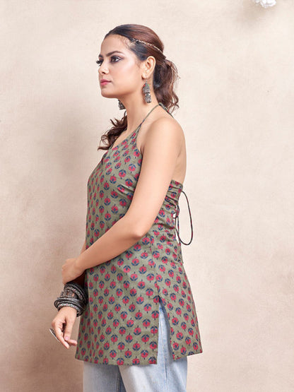 Halter Neck Sleeveless Backless Pure Cotton Short Kurti