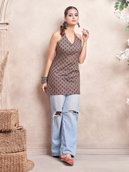 Halter Neck Sleeveless Backless Pure Cotton Short Kurti