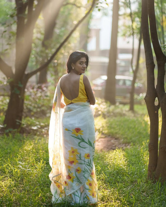 Sunlit Bloom Floral Organza Saree