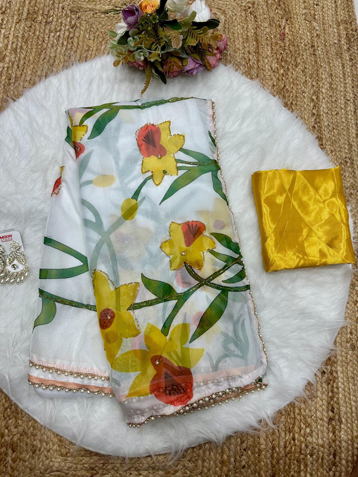 Sunlit Bloom Floral Organza Saree