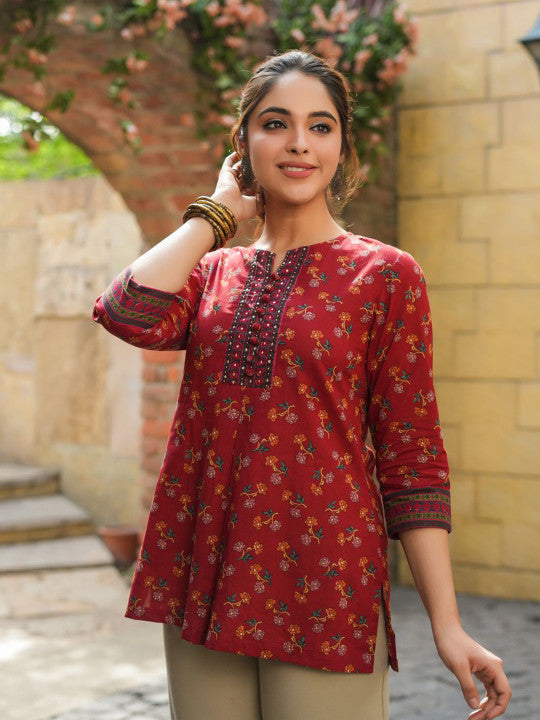 Floral Printed Sequinned Pure Cotton Kurti