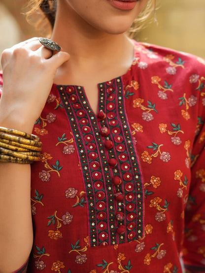 Floral Printed Sequinned Pure Cotton Kurti