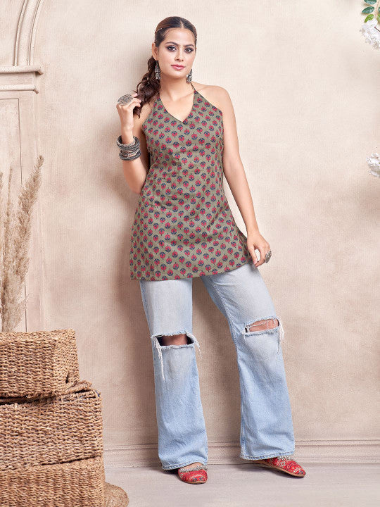 Halter Neck Sleeveless Backless Pure Cotton Short Kurti