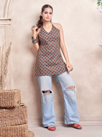 Halter Neck Sleeveless Backless Pure Cotton Short Kurti